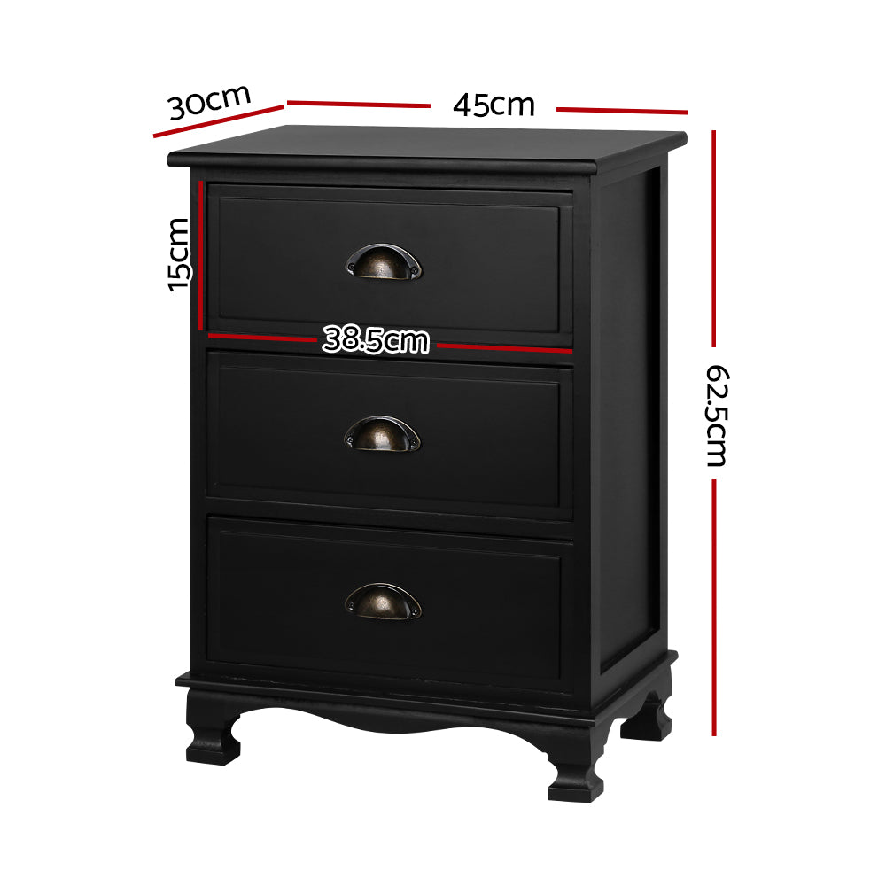 Artiss Bedside Table 3 Drawers Vintage - THYME Black