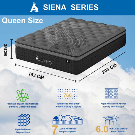 Audreamy Mattress Siena 35cm Euro Top Bamboo Charcoal Fabric 7-Zone Pocket Spring Medium Firm (Queen)