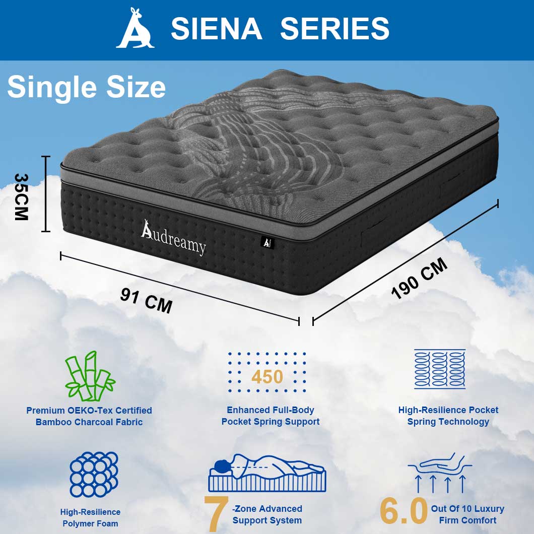 Audreamy Mattress Siena 35cm Euro Top Bamboo Charcoal Fabric 7-Zone Pocket Spring Medium Firm (Single)