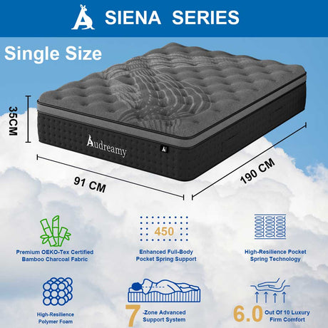 Audreamy Mattress Siena 35cm Euro Top Bamboo Charcoal Fabric 7-Zone Pocket Spring Medium Firm (Single)