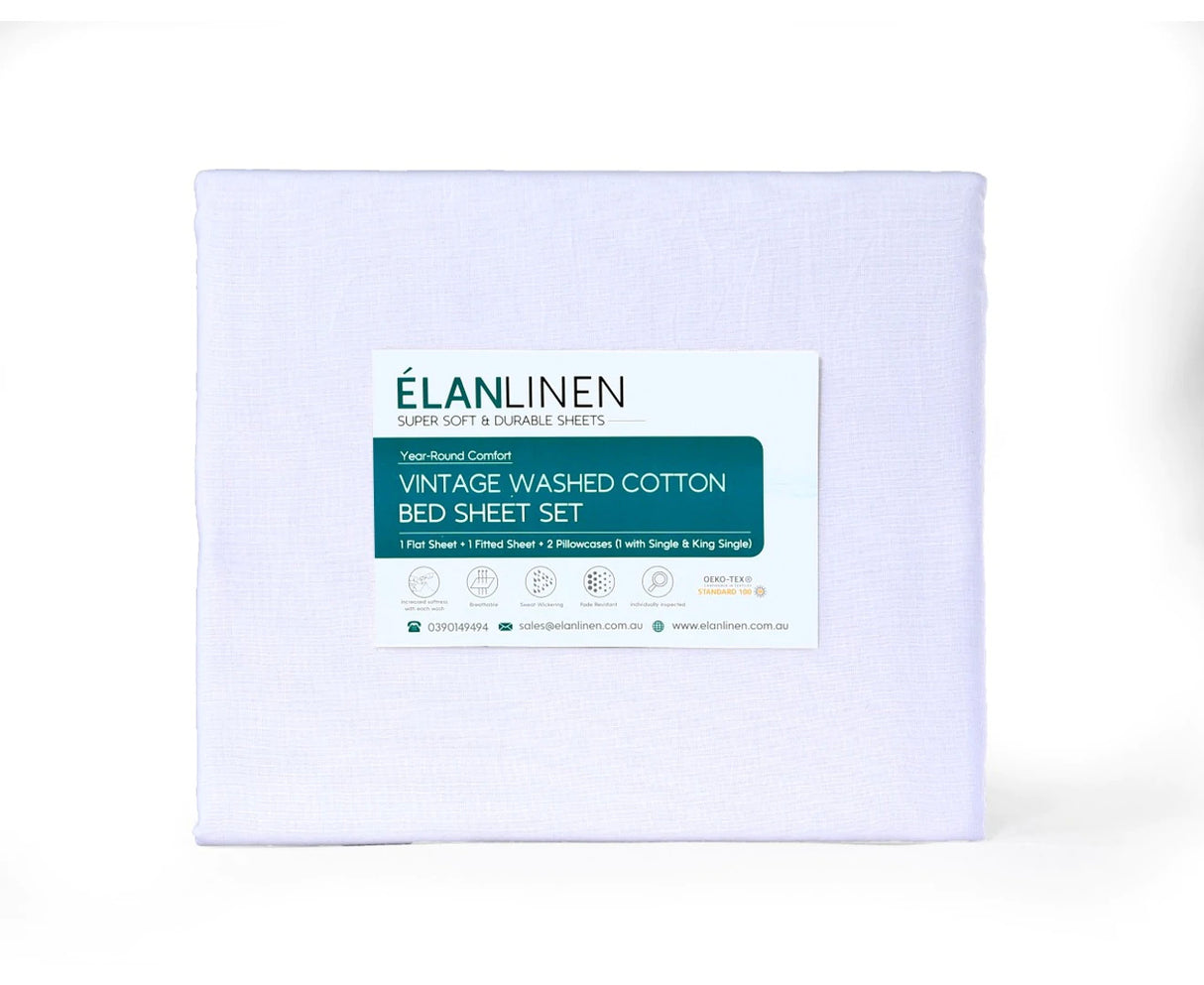 Elan Linen 100% Egyptian Cotton Vintage Washed 500TC White King Bed Sheets Set