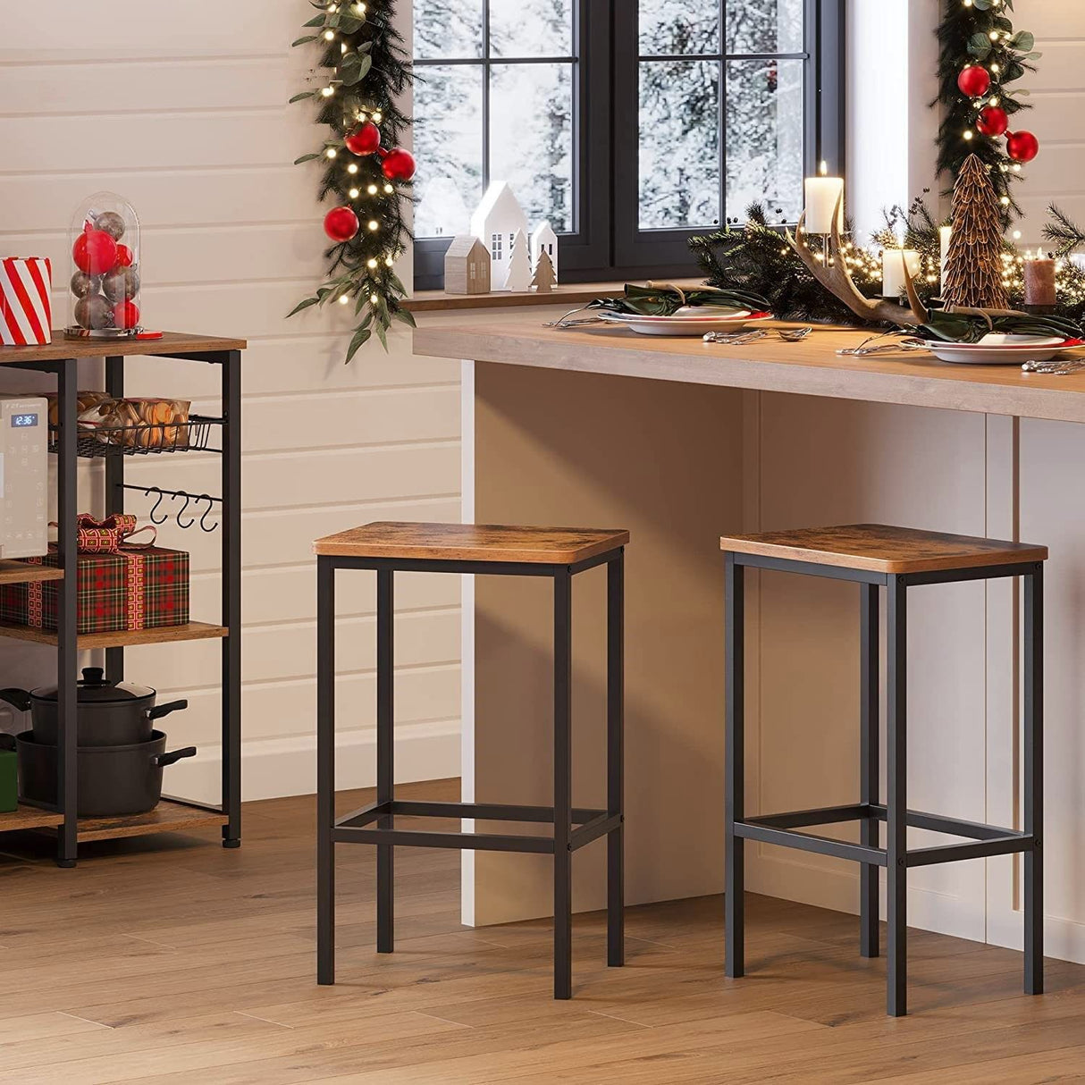 Bar Set Stools of 2 Bar Chairs, Rustic Brown