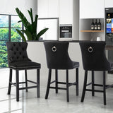 4X Velvet Bar Stools with Studs Trim Wooden Legs Tufted Dining Chairs Kitchen