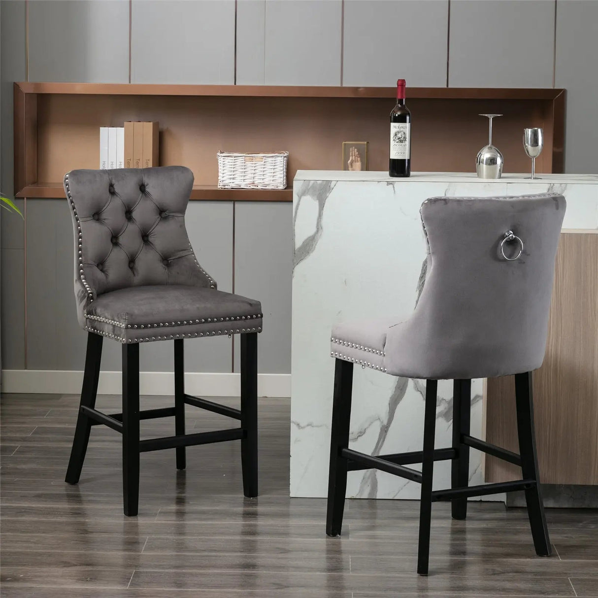 4X Velvet Bar Stools with Studs Trim Wooden Legs Tufted Dining Chairs Kitchen