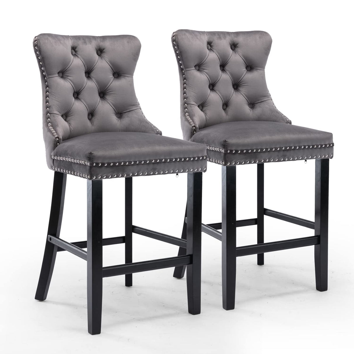 2X Velvet Bar Stools with Studs Trim Wooden Legs Tufted Dining Chairs Kitchen