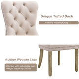 4x Velvet Dining Chairs Upholstered Tufted Kithcen Chair with Solid Wood Legs Stud Trim and Ring-Beige