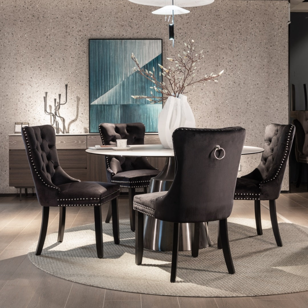 4x Velvet Dining Chairs Upholstered Tufted Kithcen Chair with Solid Wood Legs Stud Trim and Ring-Black