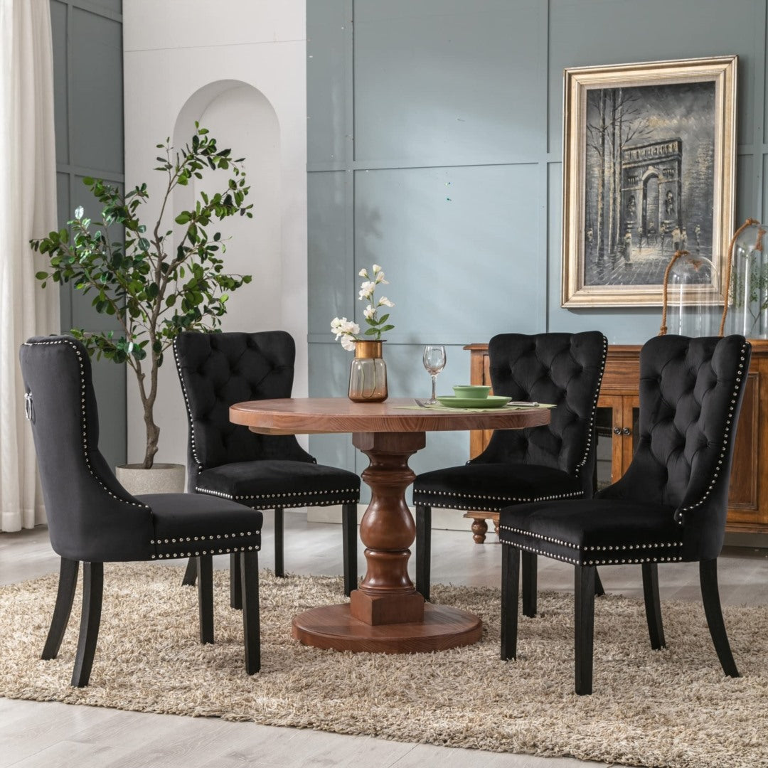 8x Velvet Dining Chairs Upholstered Tufted Kithcen Chair with Solid Wood Legs Stud Trim and Ring-Black