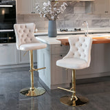 4x Height Adjustable Swivel Bar Stool Velvet Studs Barstool with Footrest and Golden Base- Beige