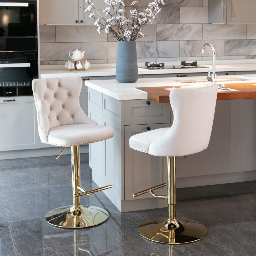 4x Height Adjustable Swivel Bar Stool Velvet Studs Barstool with Footrest and Golden Base- Beige