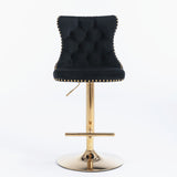 4x Height Adjustable Swivel Bar Stool Velvet Studs Barstool with Footrest and Golden Base- Black