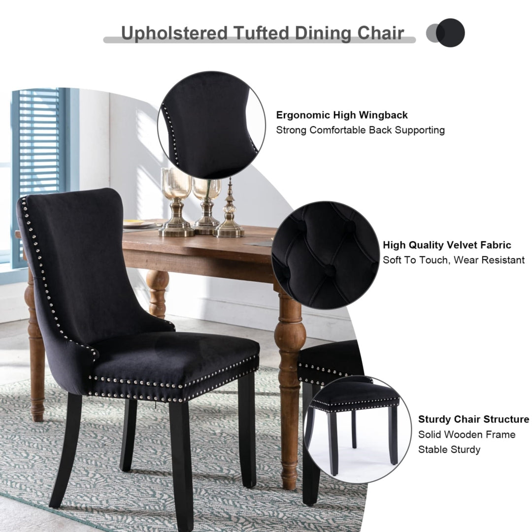 6x Velvet Upholstered Dining Chairs Tufted Wingback Side Chair with Studs Trim Solid Wood Legs for Kitchen