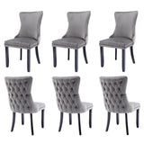 6x Velvet Upholstered Dining Chairs Tufted Wingback Side Chair with Studs Trim Solid Wood Legs for Kitchen