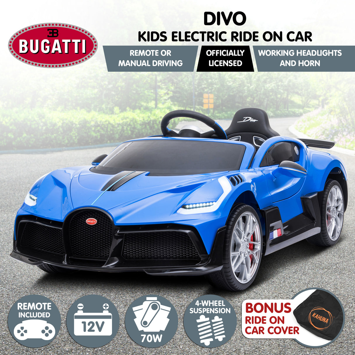 Kahuna Licensed Bugatti Divo Kids Electric Ride On Car - Blue