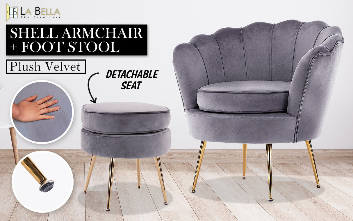 Armchair Lounge Chair Accent Velvet Shell Scallop + Ottoman Footstool Round GREY