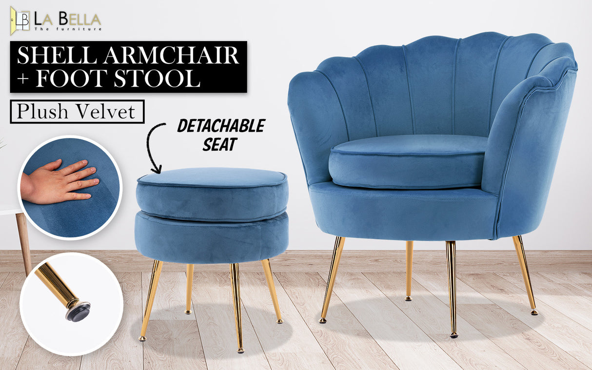 Armchair Lounge Chair Accent Velvet Shell Scallop + Ottoman Footstool Round NAVY BLUE