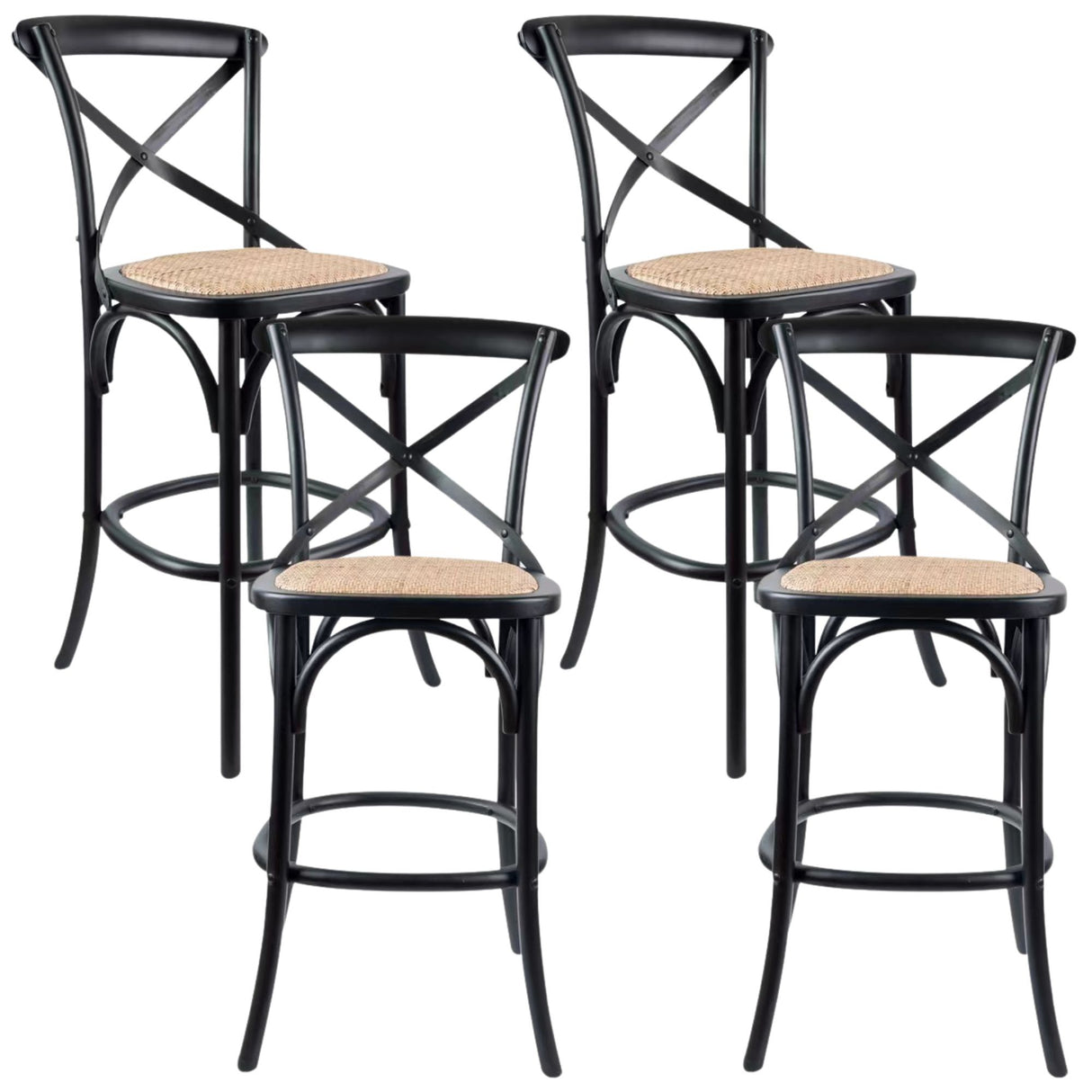 Aster 4pc Crossback Bar Stools Dining Chair Solid Birch Timber Rattan Seat Black