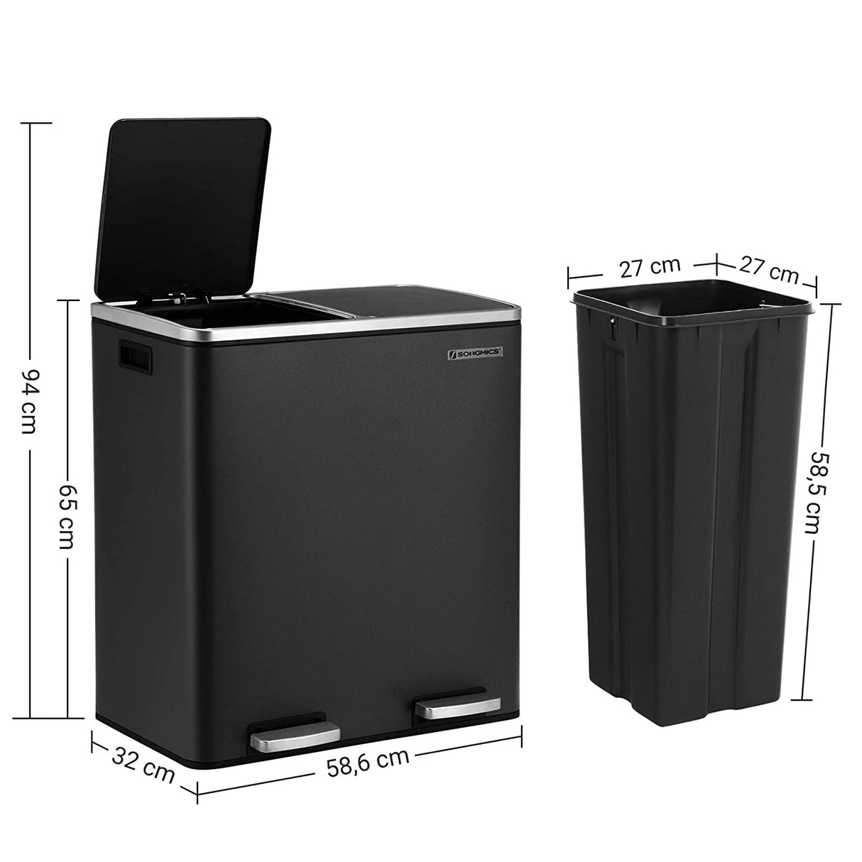 SONGMICS Dual Rubbish Bin 2 x 30L Recycling Bin Black