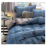 Blue Plaid Pattern Aloe Cotton Flat Sheet Quilt Cover Pillowcases 4pcs Bedding Set Duvet Doona Quilt Cover Set (Queen)