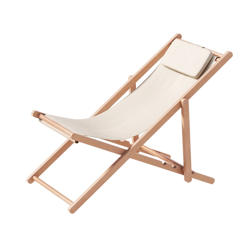 Gardeon Outdoor Deck Chair Wooden Sun Lounge Folding Beach Patio Furniture Beige